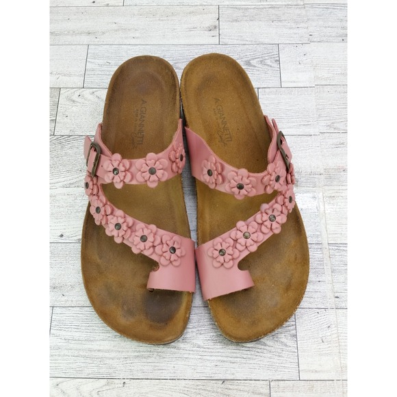 Women's A. Giannetti Sandals Size 7.5 Pink Brown Leather Flowers Floral Shoes - Picture 11 of 12